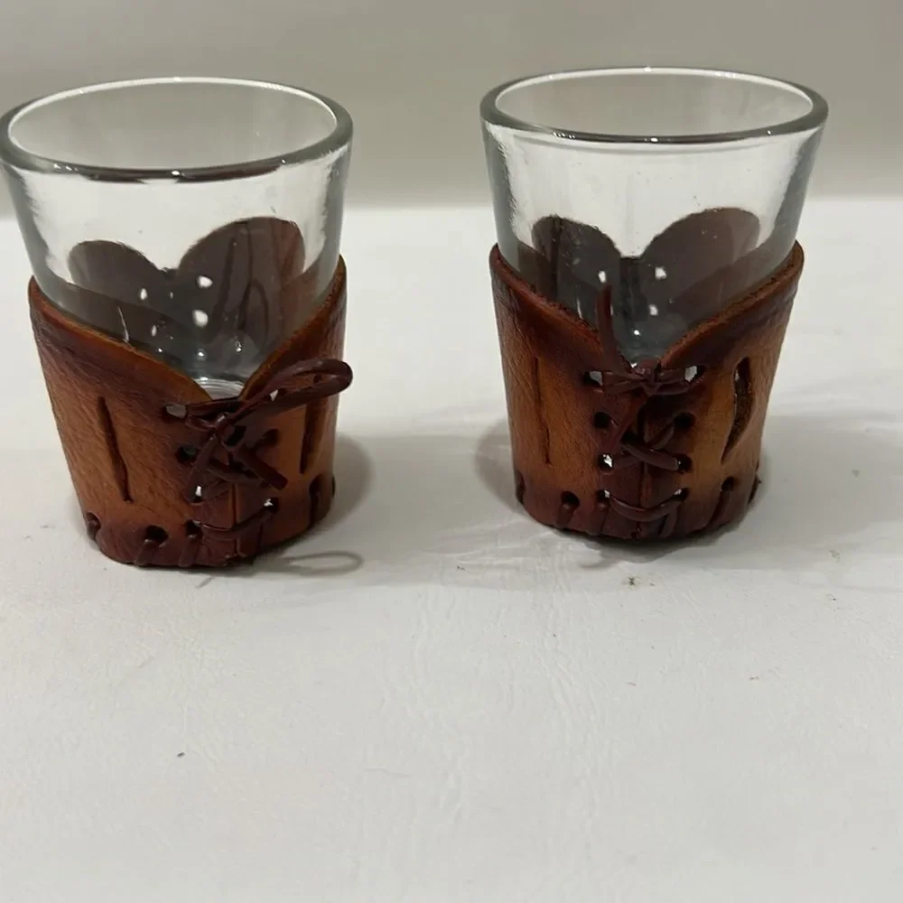 Brown Leather Corset Heart Shot Glasses Candle Holders 2 1/2 In Tall 1 3/4 Round